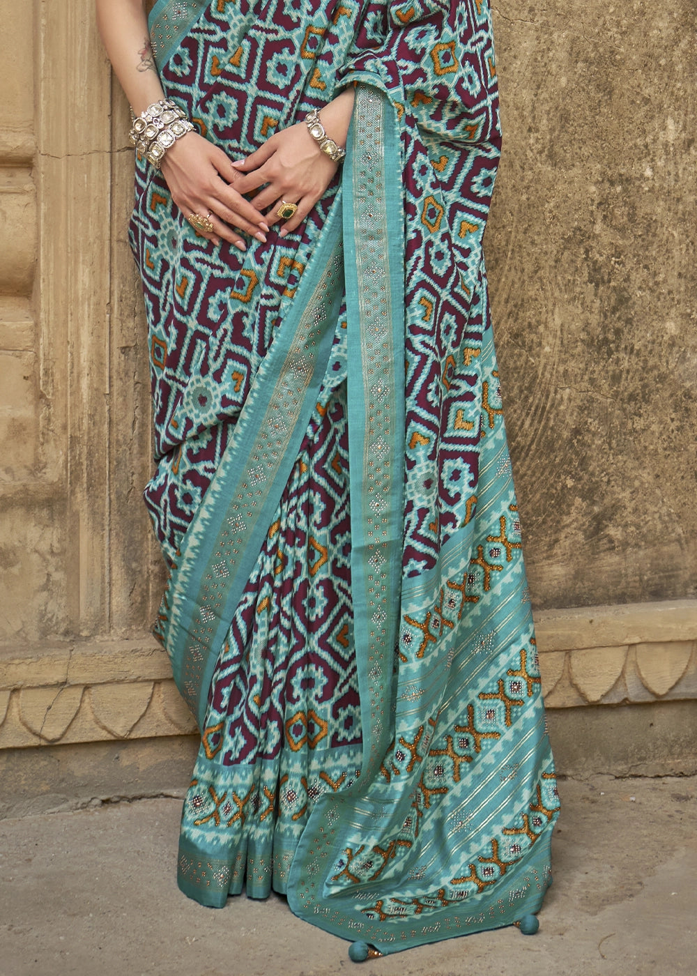 Cyan Blue Traditional Patola Printed Silk Saree