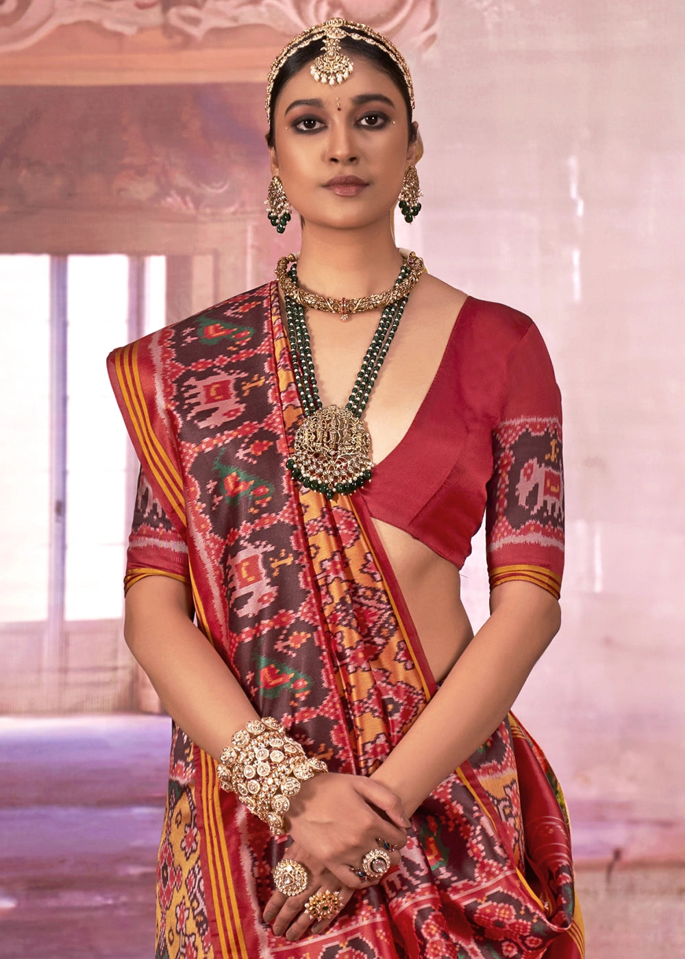 Yellow & Red Patan Patola Printed Silk Saree