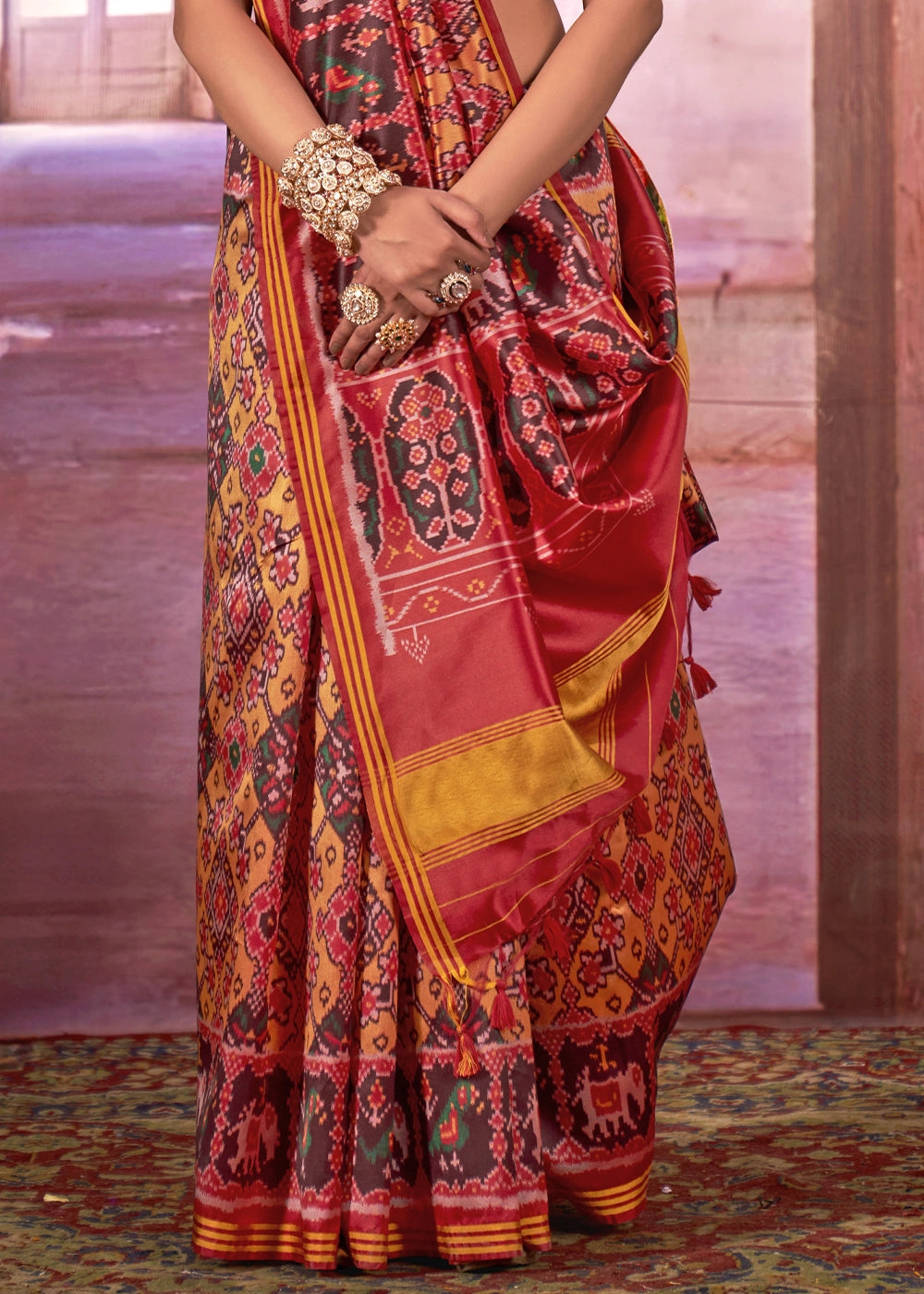 Yellow & Red Patan Patola Printed Silk Saree