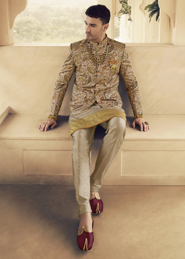 Light Brown Silk Sherwani Set Ensemble with Elegant Print and Embroidery