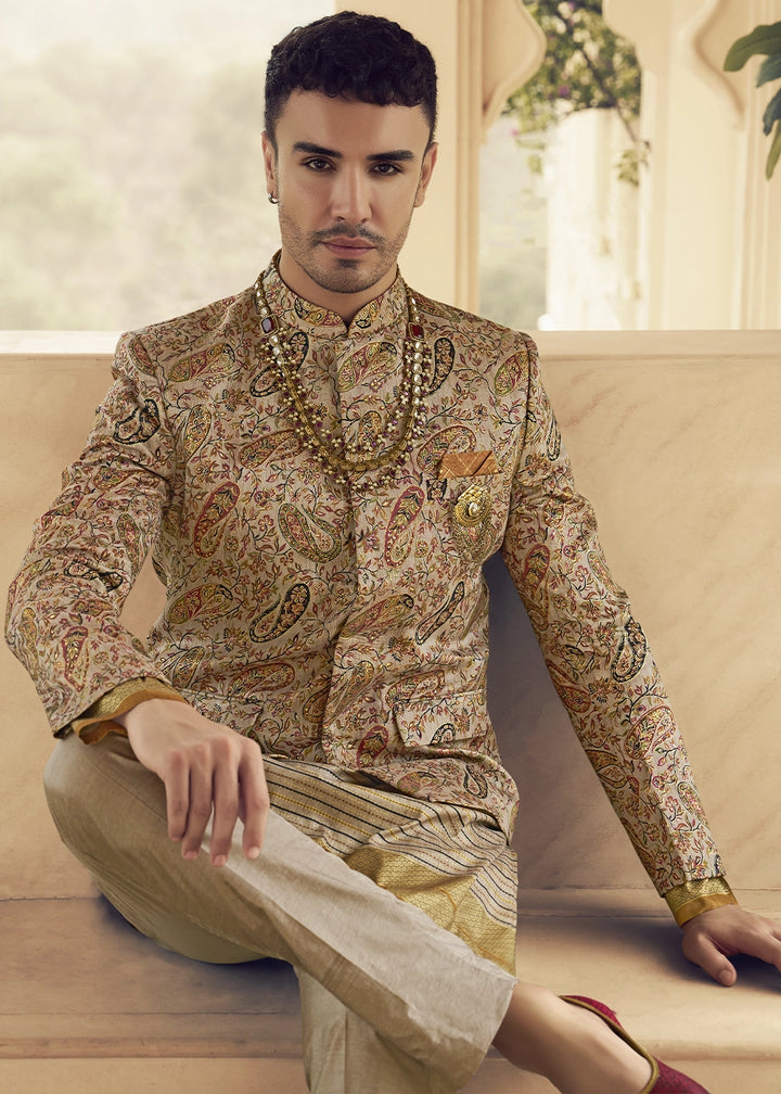 Light Brown Silk Sherwani Set Ensemble with Elegant Print and Embroidery