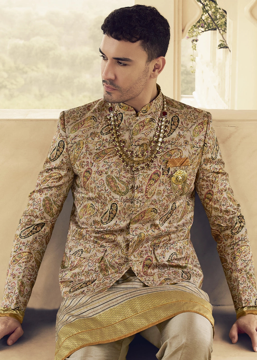 Light Brown Silk Sherwani Set Ensemble with Elegant Print and Embroidery