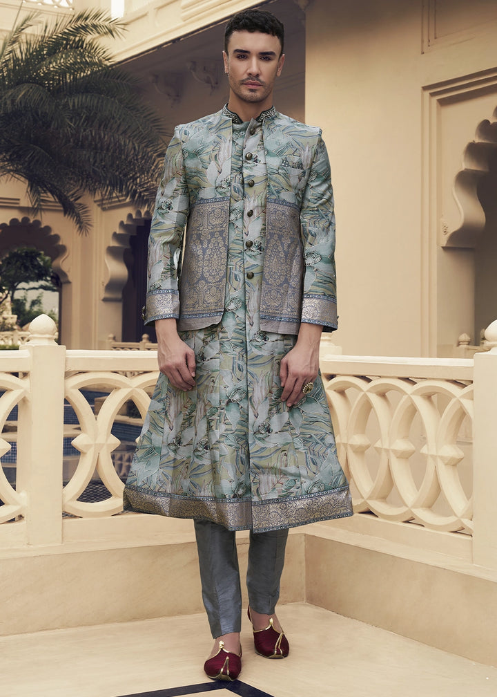 Shades Of Grey Silk Sherwani Ensemble with Elegant Print and Embroidery