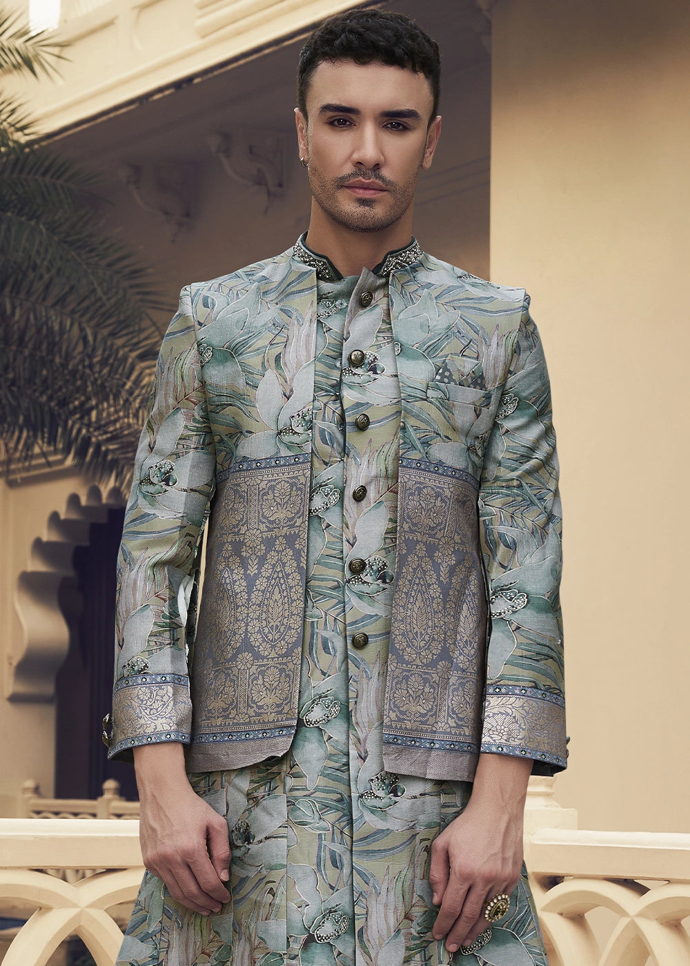 Shades Of Grey Silk Sherwani Ensemble with Elegant Print and Embroidery