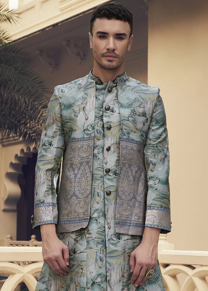 Shades Of Grey Silk Sherwani Ensemble with Elegant Print and Embroidery
