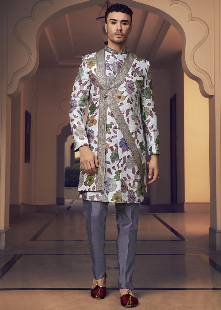 White & Purple Silk Sherwani Ensemble with Elegant Print and Embroidery