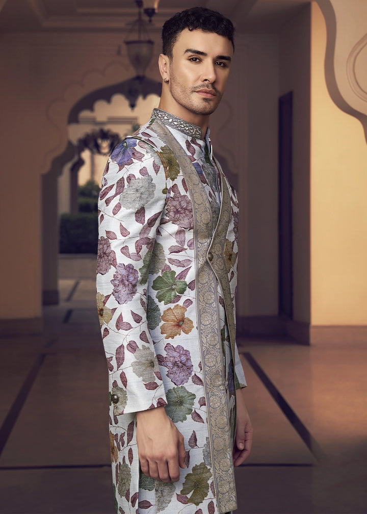 White & Purple Silk Sherwani Ensemble with Elegant Print and Embroidery