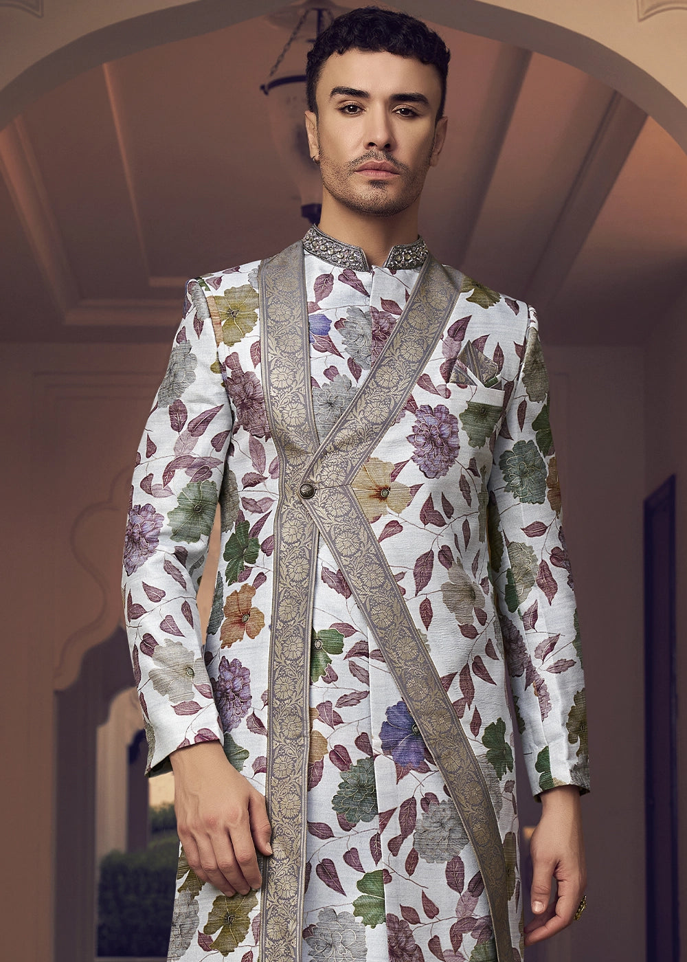 White & Purple Silk Sherwani Ensemble with Elegant Print and Embroidery