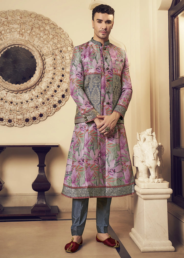 Grey & Pink Silk Sherwani Ensemble with Elegant Print and Embroidery