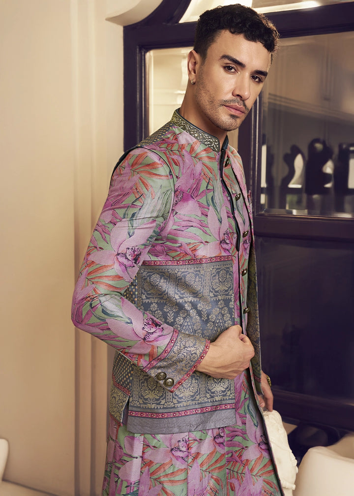 Grey & Pink Silk Sherwani Ensemble with Elegant Print and Embroidery