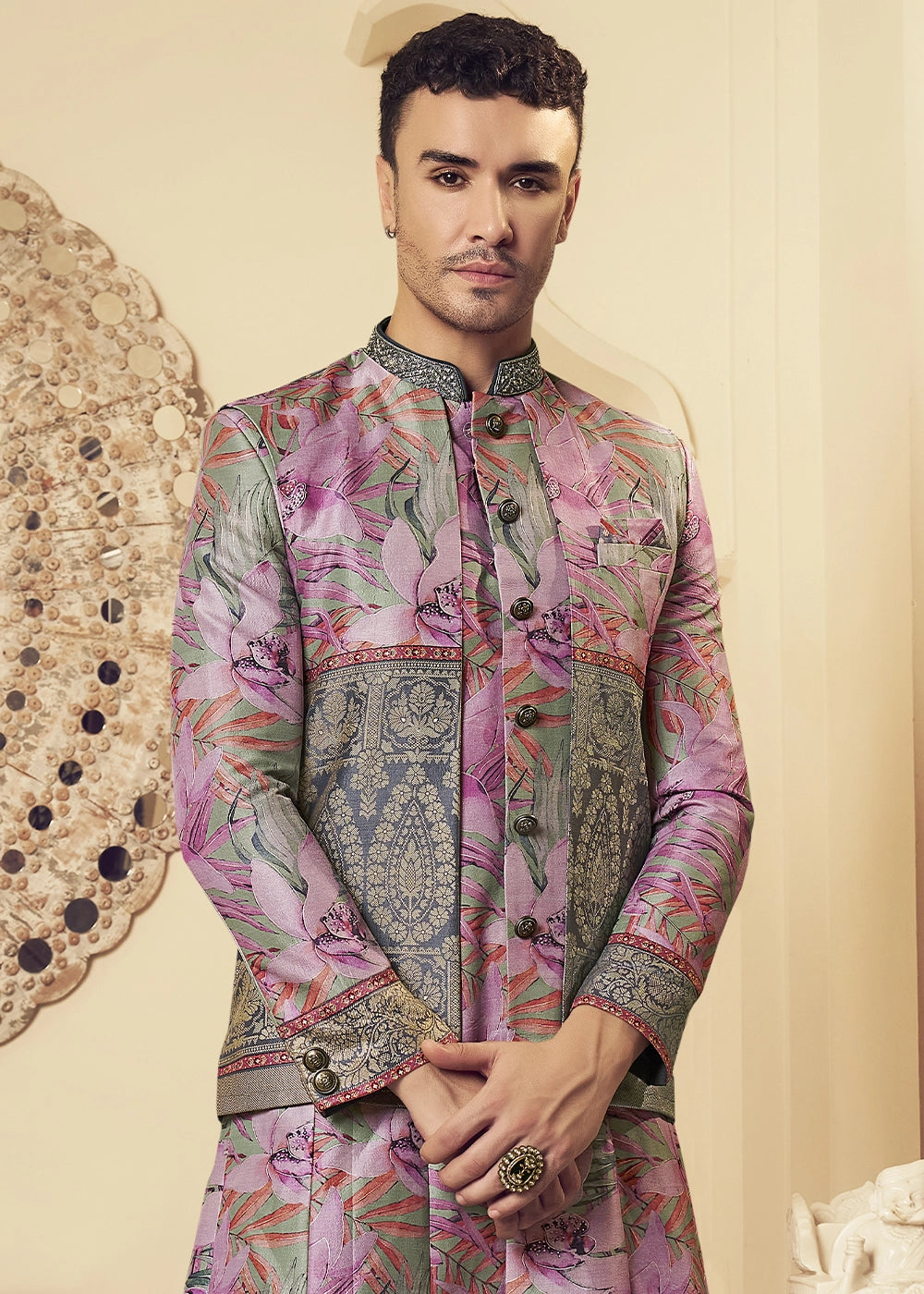 Grey & Pink Silk Sherwani Ensemble with Elegant Print and Embroidery