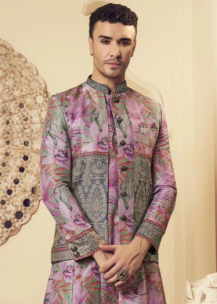 Grey & Pink Silk Sherwani Ensemble with Elegant Print and Embroidery