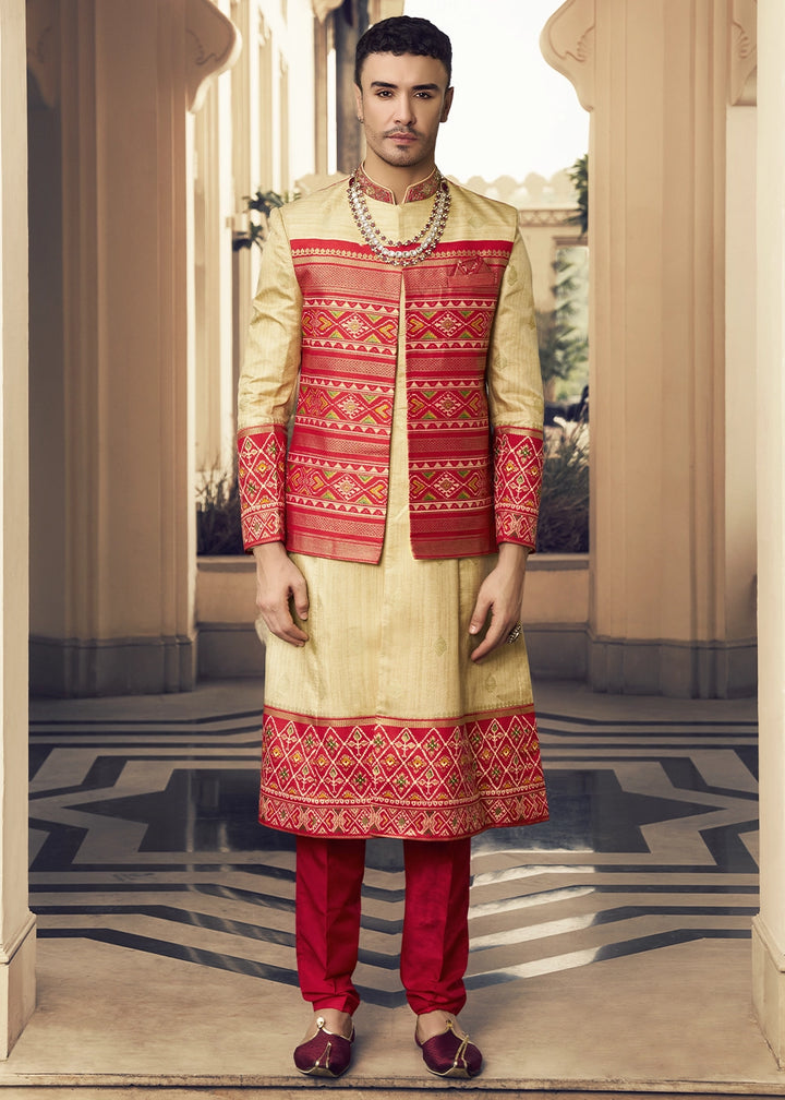 Light Brown & Red Silk Sherwani Ensemble with Elegant Print and Embroidery