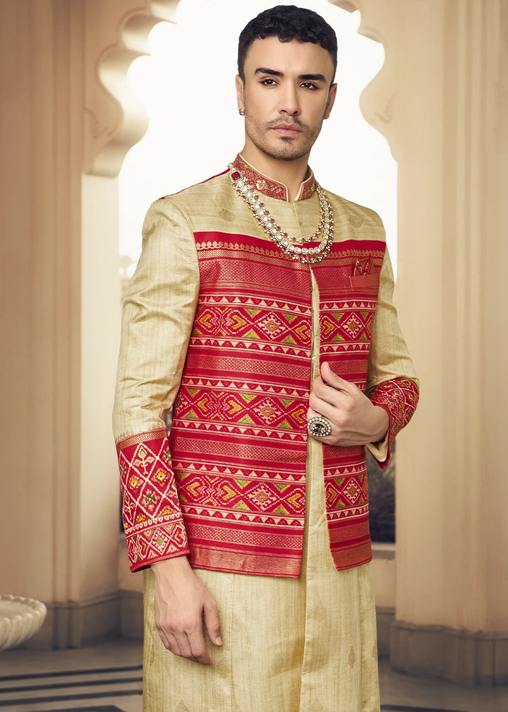 Light Brown & Red Silk Sherwani Ensemble with Elegant Print and Embroidery