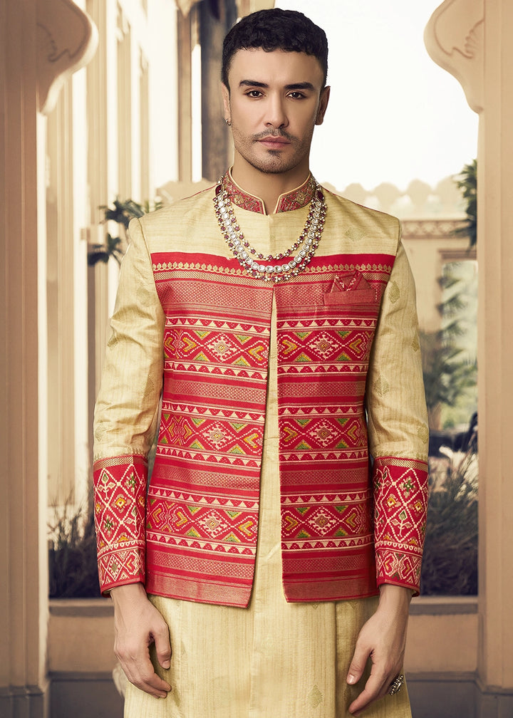 Light Brown & Red Silk Sherwani Ensemble with Elegant Print and Embroidery