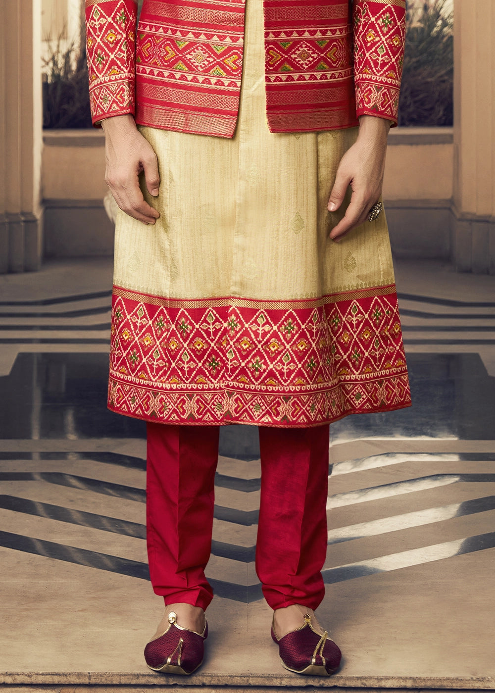 Light Brown & Red Silk Sherwani Ensemble with Elegant Print and Embroidery