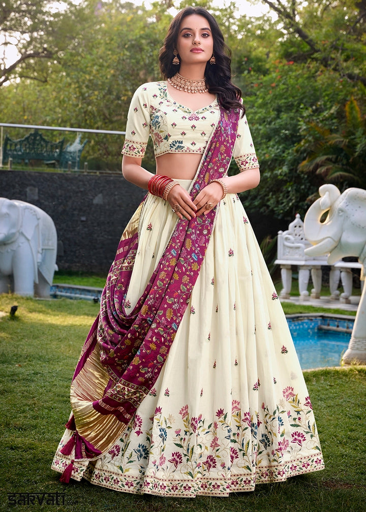 White and Purple Khadi Cotton Lehenga Choli with Hand Embroidery & Sequins