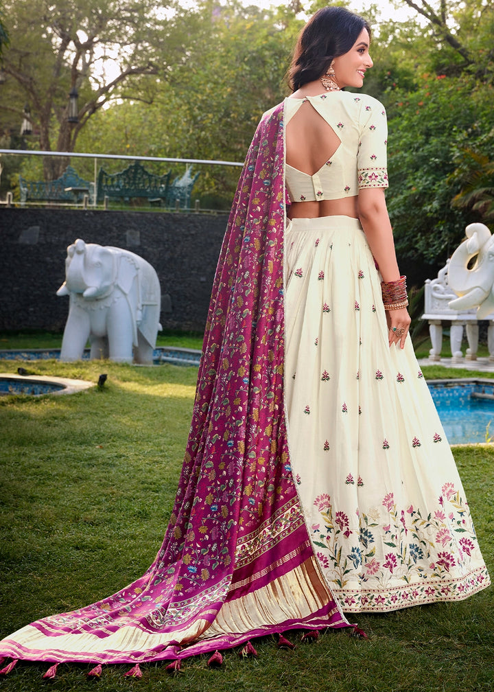 White and Purple Khadi Cotton Lehenga Choli with Hand Embroidery & Sequins