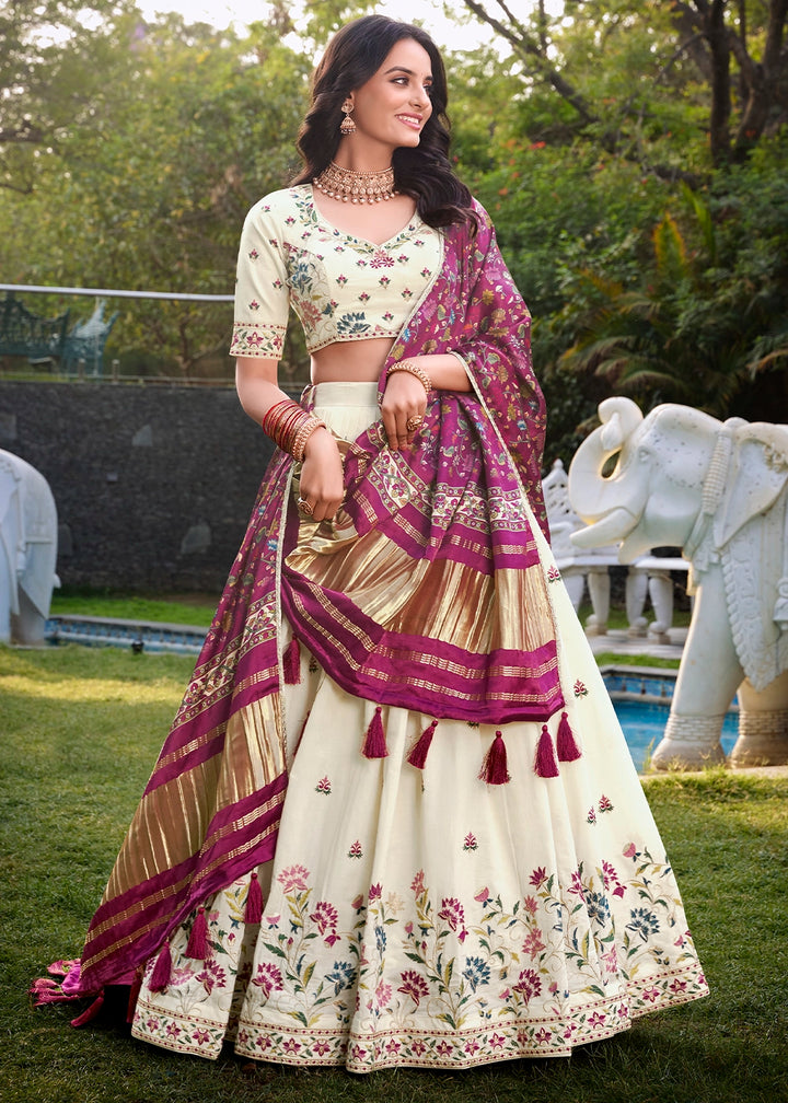 White and Purple Khadi Cotton Lehenga Choli with Hand Embroidery & Sequins
