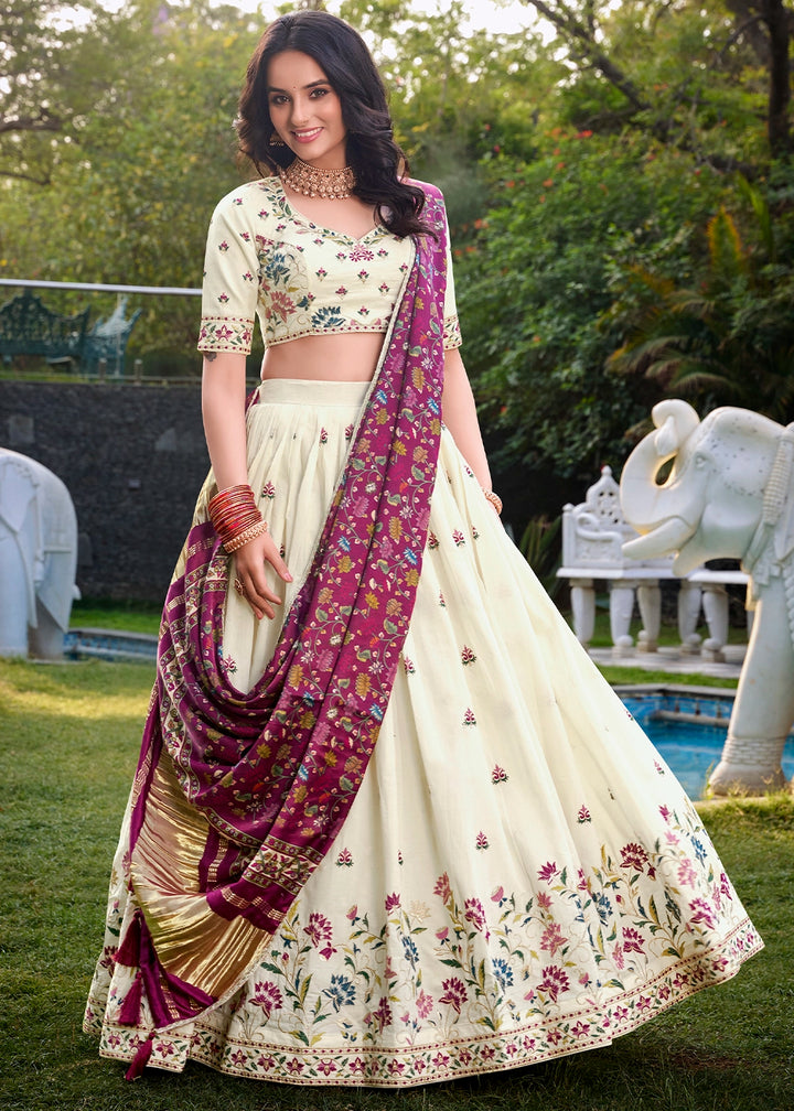 White and Purple Khadi Cotton Lehenga Choli with Hand Embroidery & Sequins