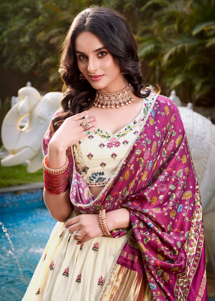 White and Purple Khadi Cotton Lehenga Choli with Hand Embroidery & Sequins