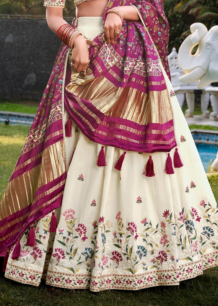 White and Purple Khadi Cotton Lehenga Choli with Hand Embroidery & Sequins
