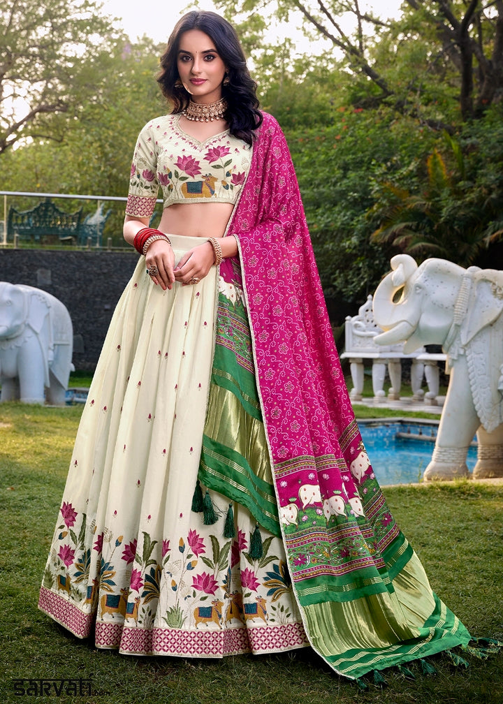 White and Pink Khadi Cotton Lehenga Choli with Hand Embroidery & Sequins