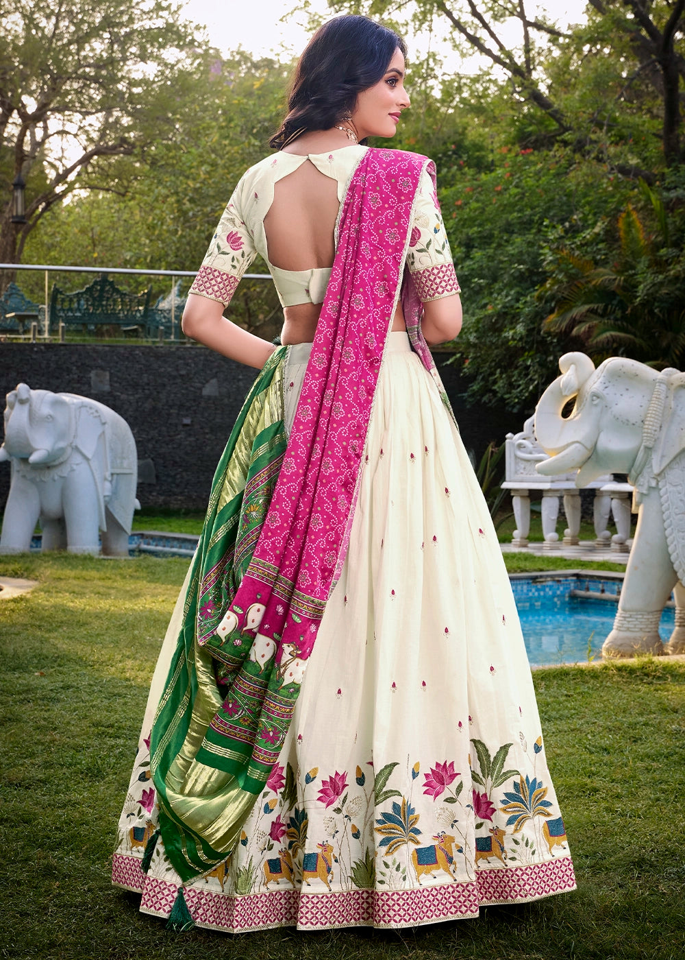 White and Pink Khadi Cotton Lehenga Choli with Hand Embroidery & Sequins