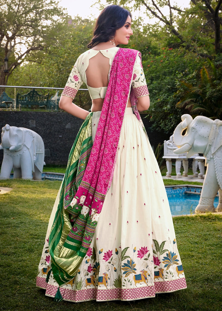 White and Pink Khadi Cotton Lehenga Choli with Hand Embroidery & Sequins