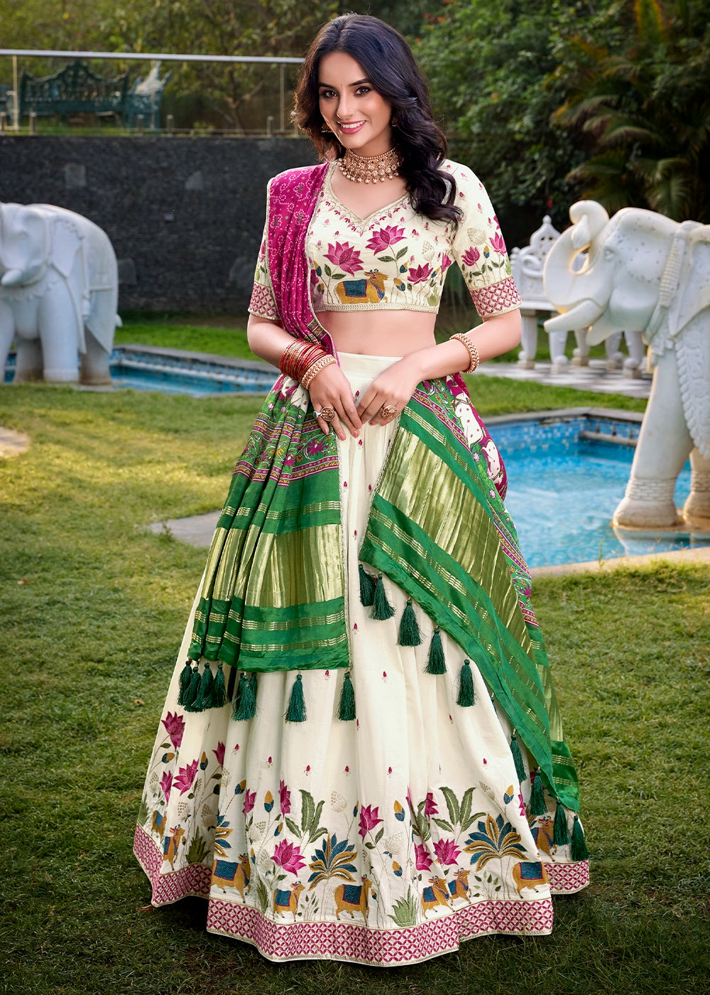 White and Pink Khadi Cotton Lehenga Choli with Hand Embroidery & Sequins
