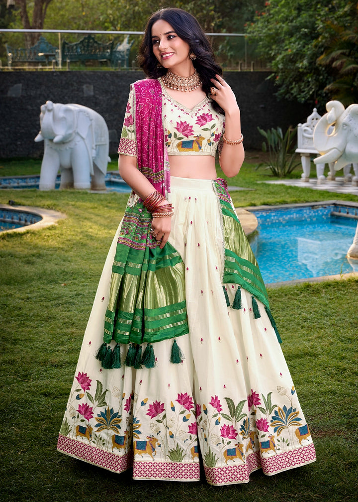 White and Pink Khadi Cotton Lehenga Choli with Hand Embroidery & Sequins