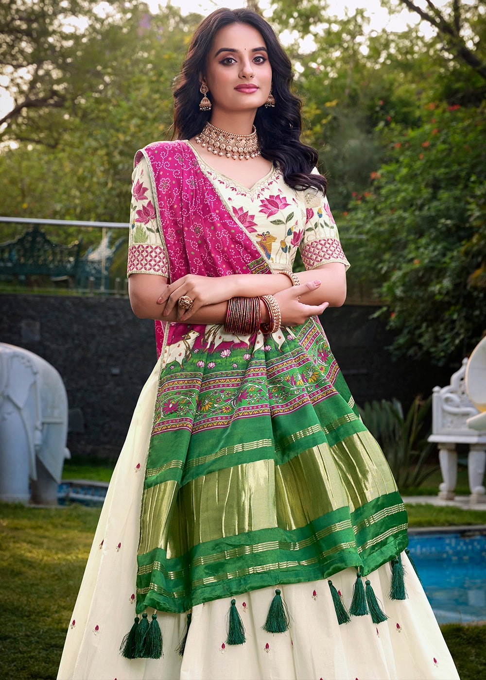 White and Pink Khadi Cotton Lehenga Choli with Hand Embroidery & Sequins