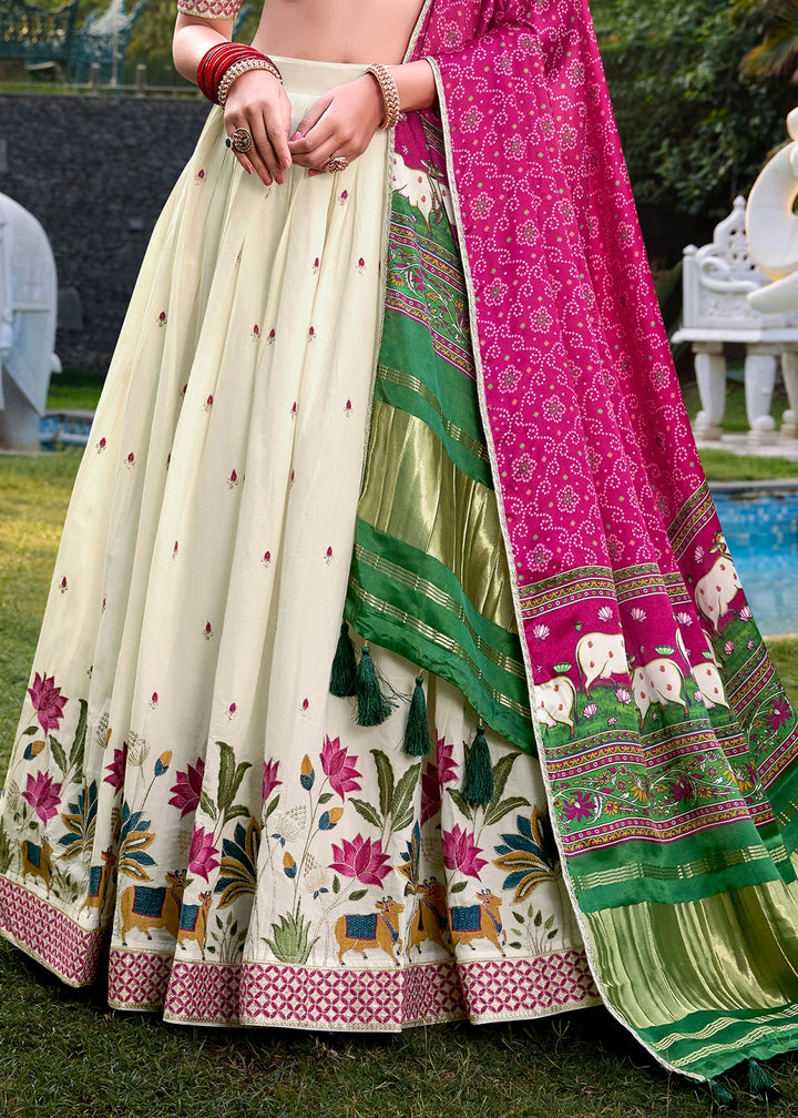 White and Pink Khadi Cotton Lehenga Choli with Hand Embroidery & Sequins