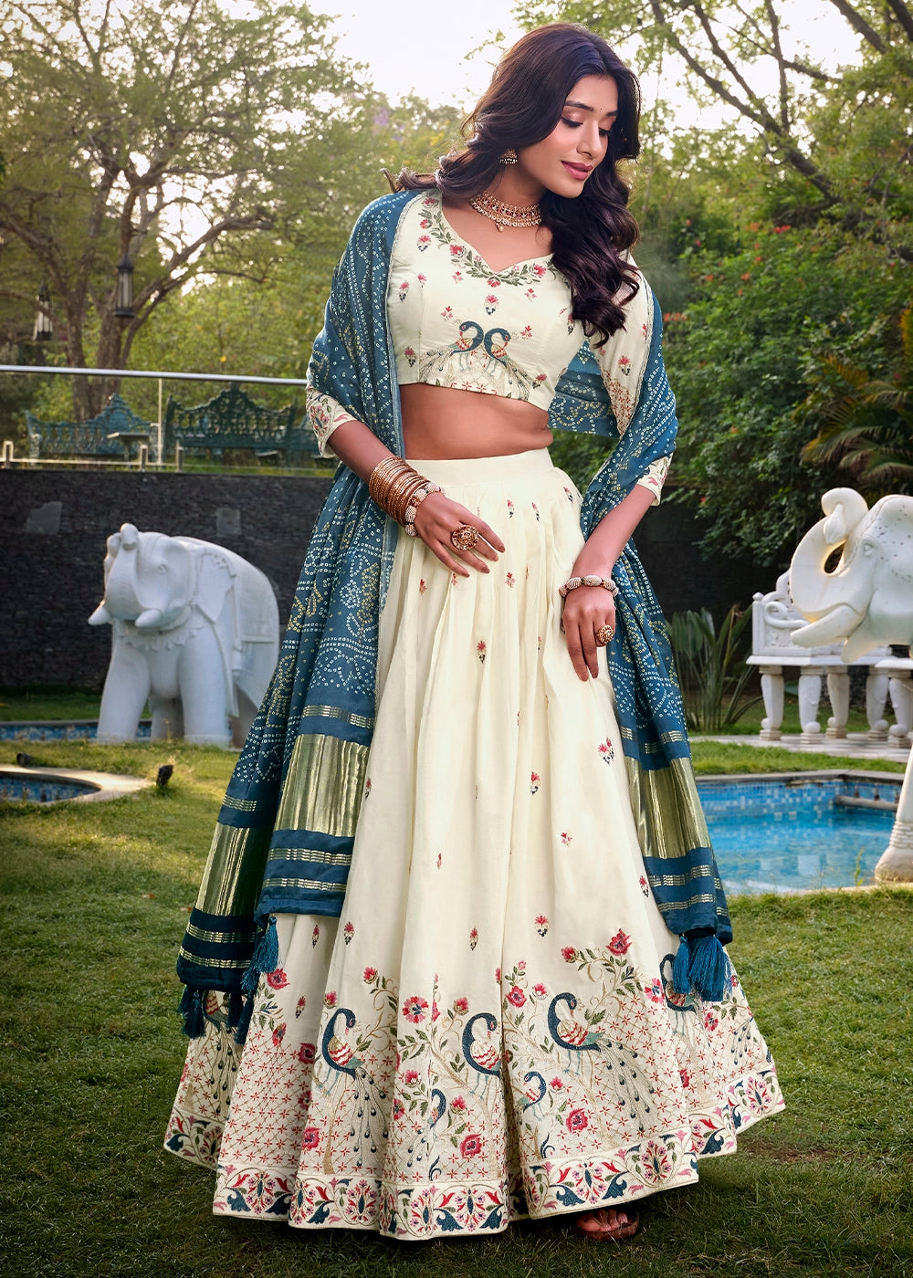 White and Blue Khadi Cotton Lehenga Choli with Hand Embroidery & Sequins