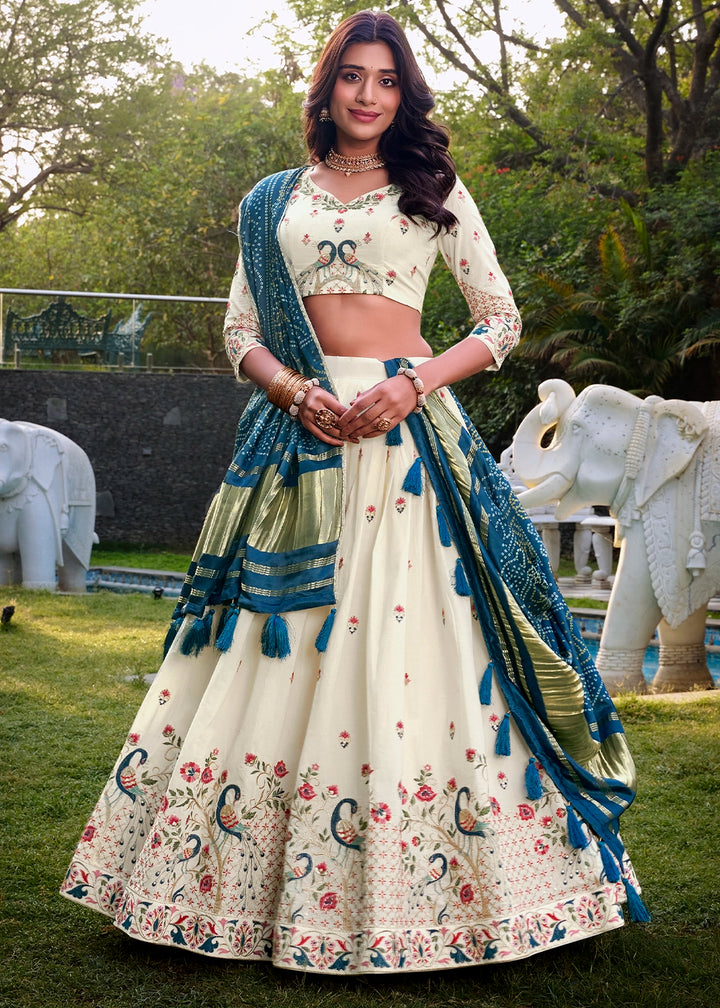 White and Blue Khadi Cotton Lehenga Choli with Hand Embroidery & Sequins