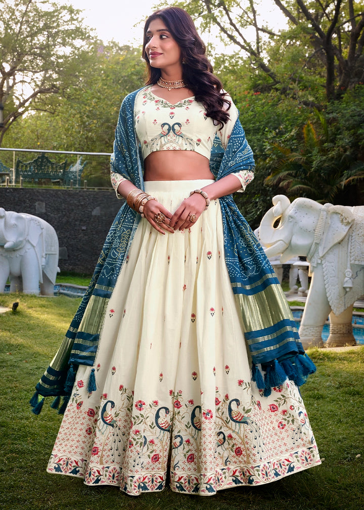 White and Blue Khadi Cotton Lehenga Choli with Hand Embroidery & Sequins