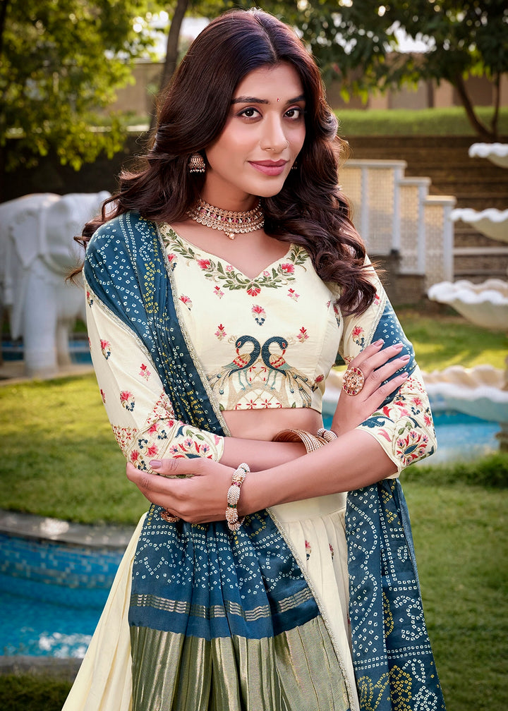 White and Blue Khadi Cotton Lehenga Choli with Hand Embroidery & Sequins