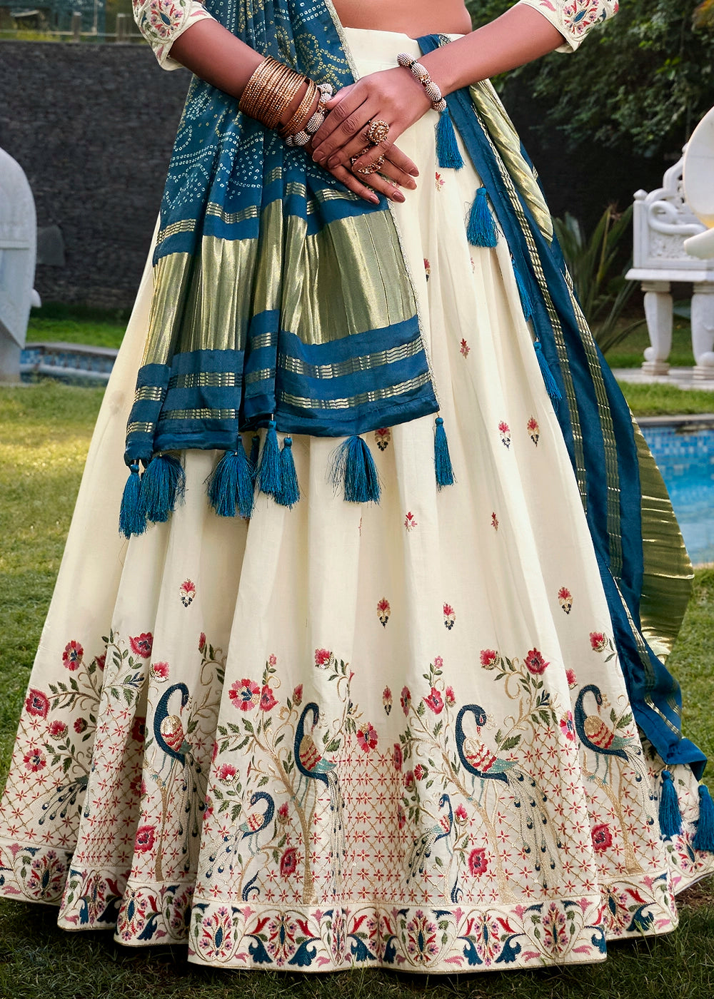 White and Blue Khadi Cotton Lehenga Choli with Hand Embroidery & Sequins