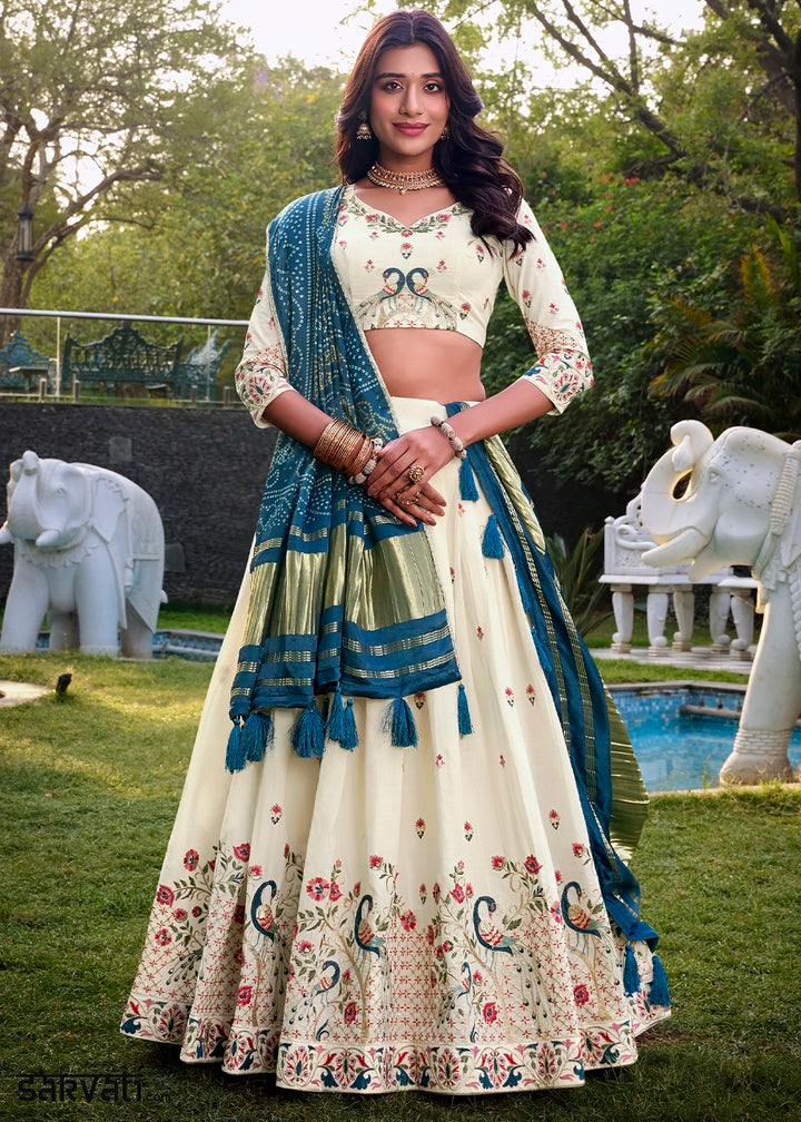 White and Blue Khadi Cotton Lehenga Choli with Hand Embroidery & Sequins