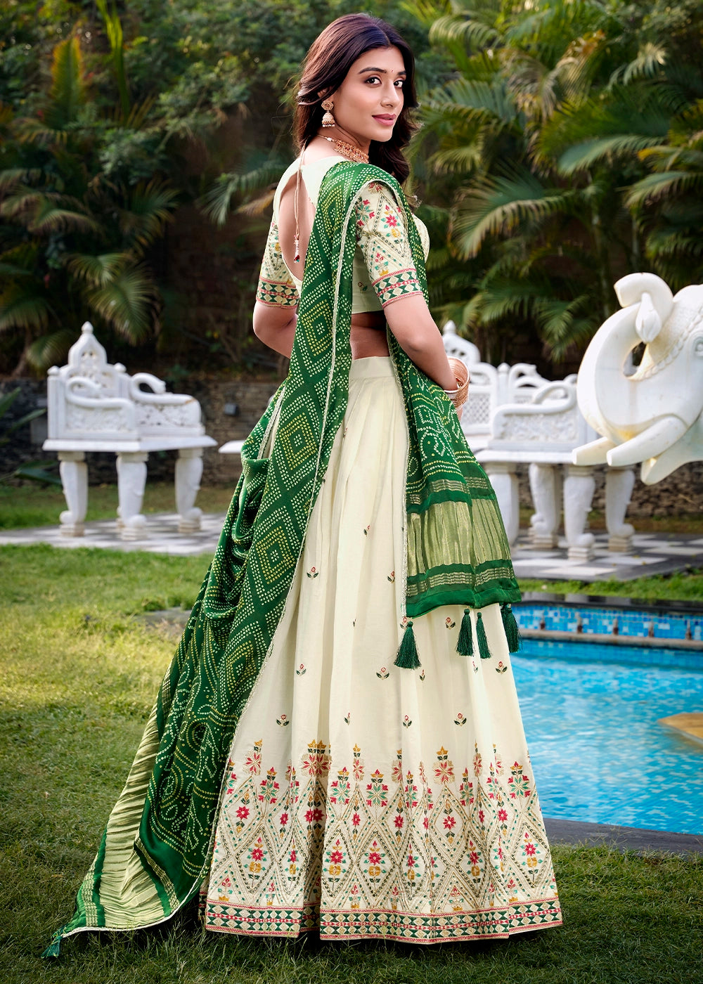 White and Green Khadi Cotton Lehenga Choli with Hand Embroidery & Sequins