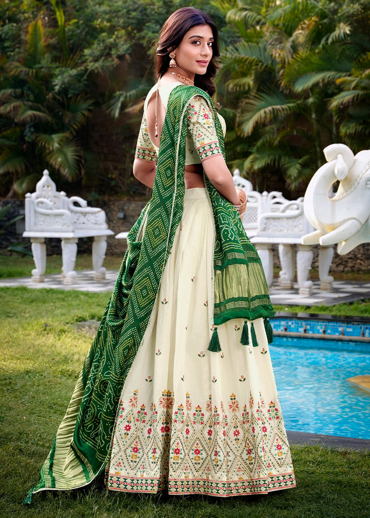 White and Green Khadi Cotton Lehenga Choli with Hand Embroidery & Sequins