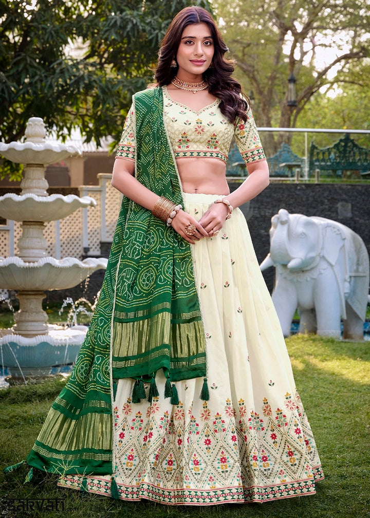 White and Green Khadi Cotton Lehenga Choli with Hand Embroidery & Sequins