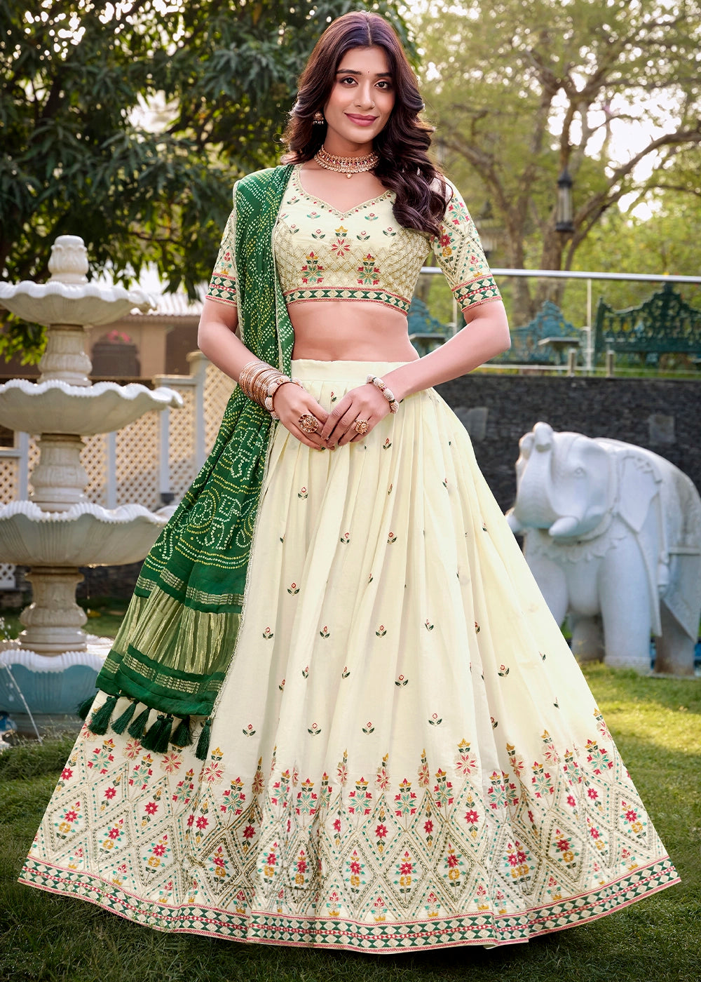 White and Green Khadi Cotton Lehenga Choli with Hand Embroidery & Sequins
