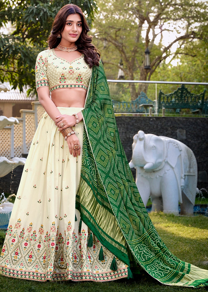 White and Green Khadi Cotton Lehenga Choli with Hand Embroidery & Sequins
