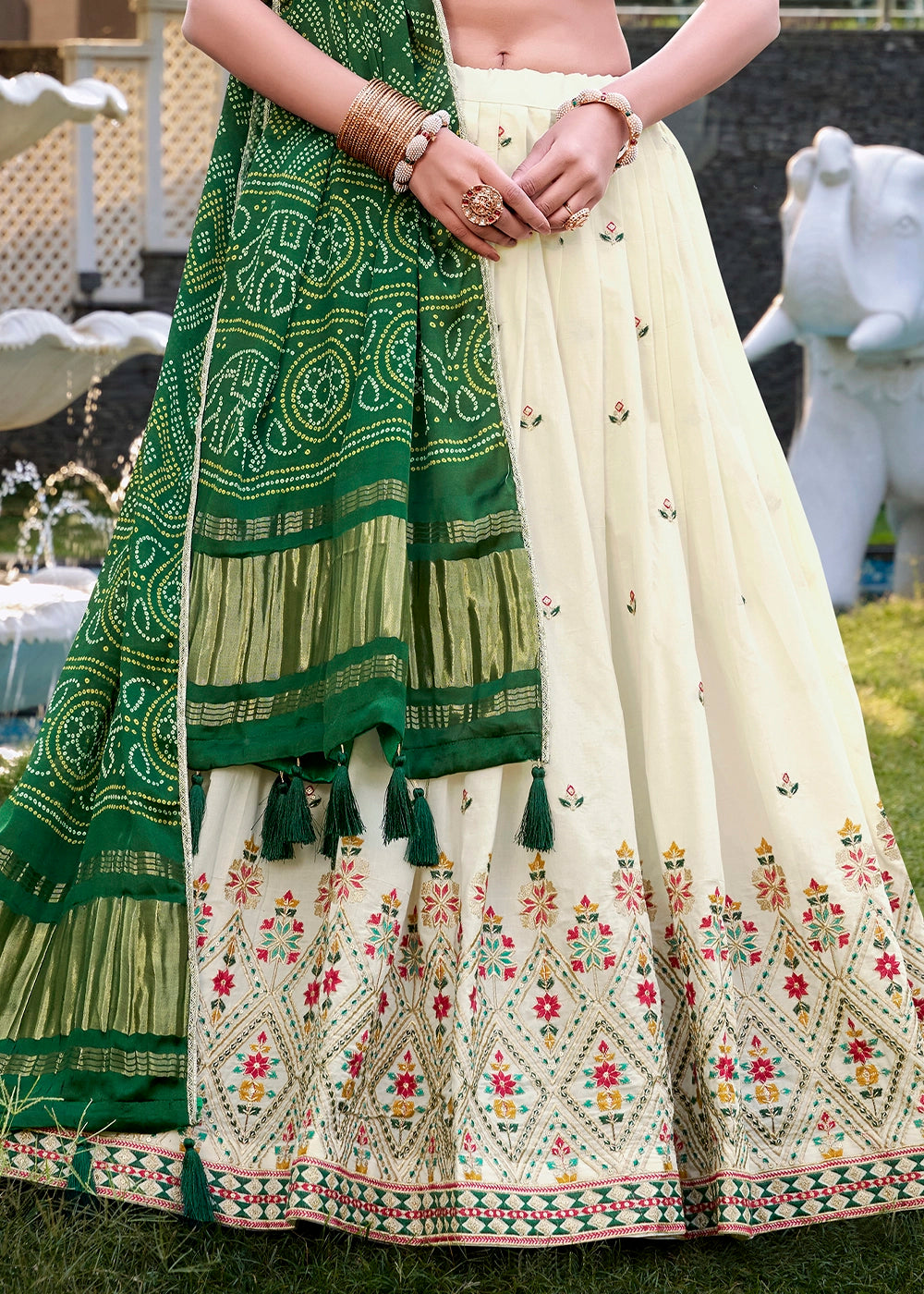 White and Green Khadi Cotton Lehenga Choli with Hand Embroidery & Sequins