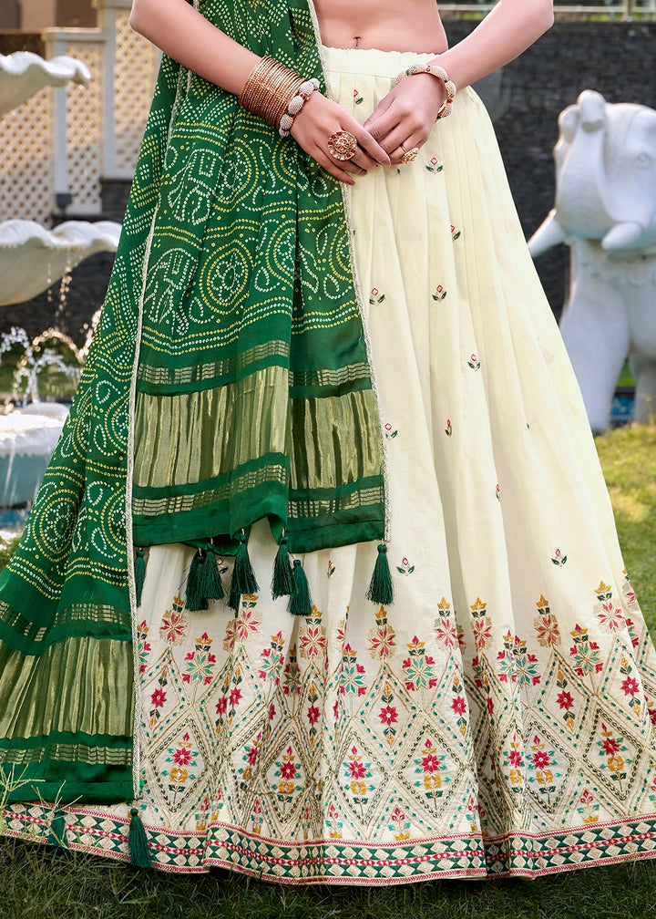 White and Green Khadi Cotton Lehenga Choli with Hand Embroidery & Sequins
