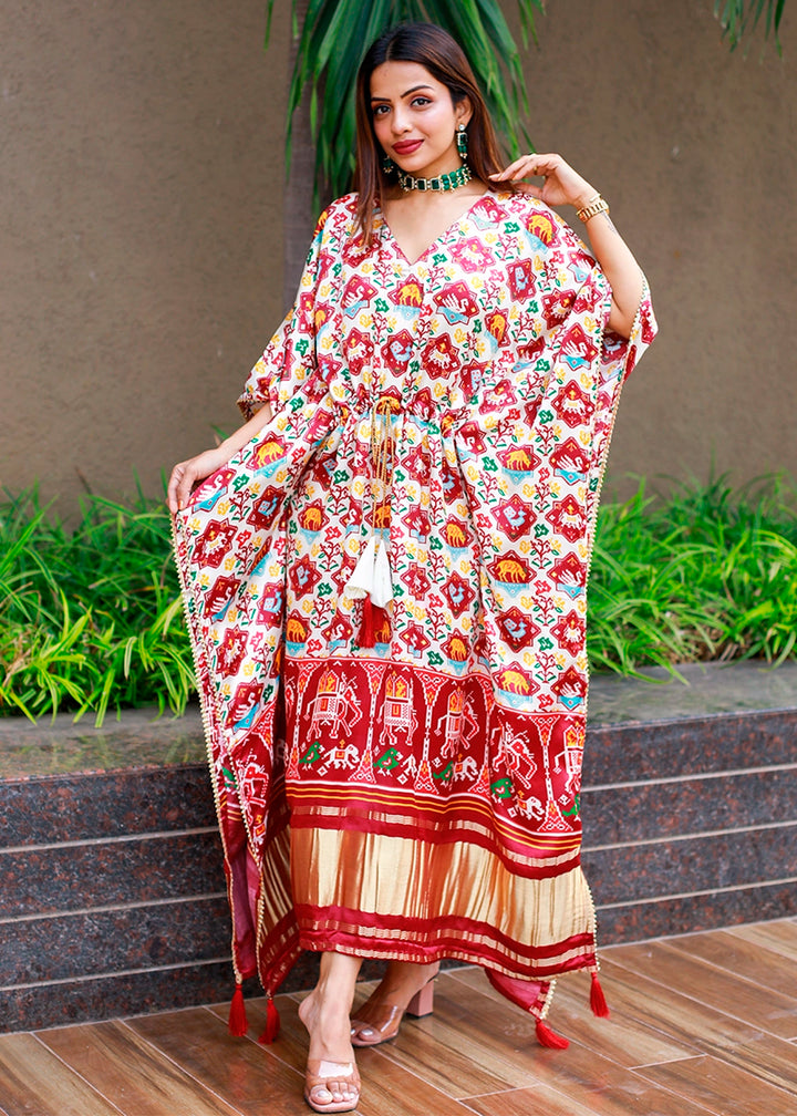 Parchment White Gaji Silk Kaftan with Gota Patti Lace and All-Over Patola Digital Print