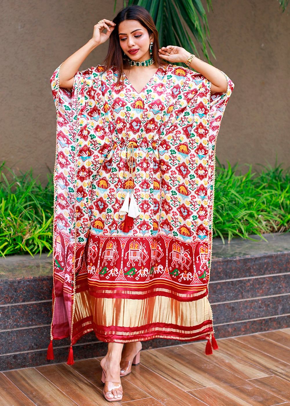 Parchment White Gaji Silk Kaftan with Gota Patti Lace and All-Over Patola Digital Print