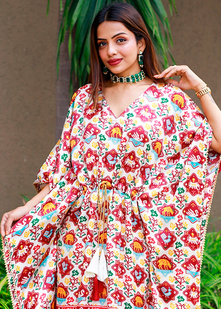 Parchment White Gaji Silk Kaftan with Gota Patti Lace and All-Over Patola Digital Print