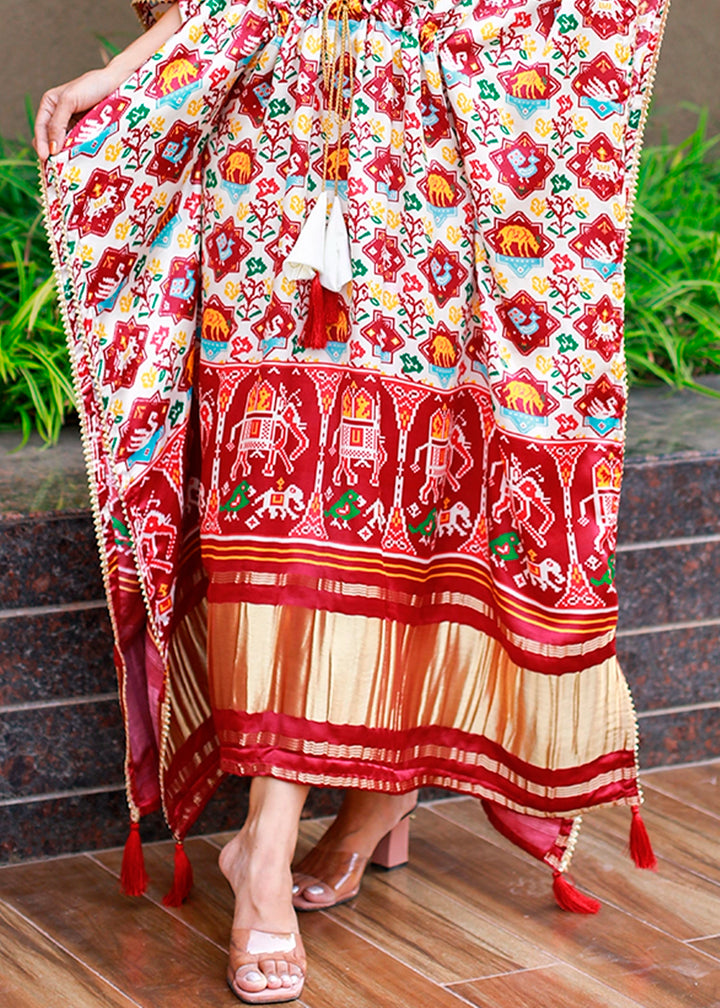 Parchment White Gaji Silk Kaftan with Gota Patti Lace and All-Over Patola Digital Print